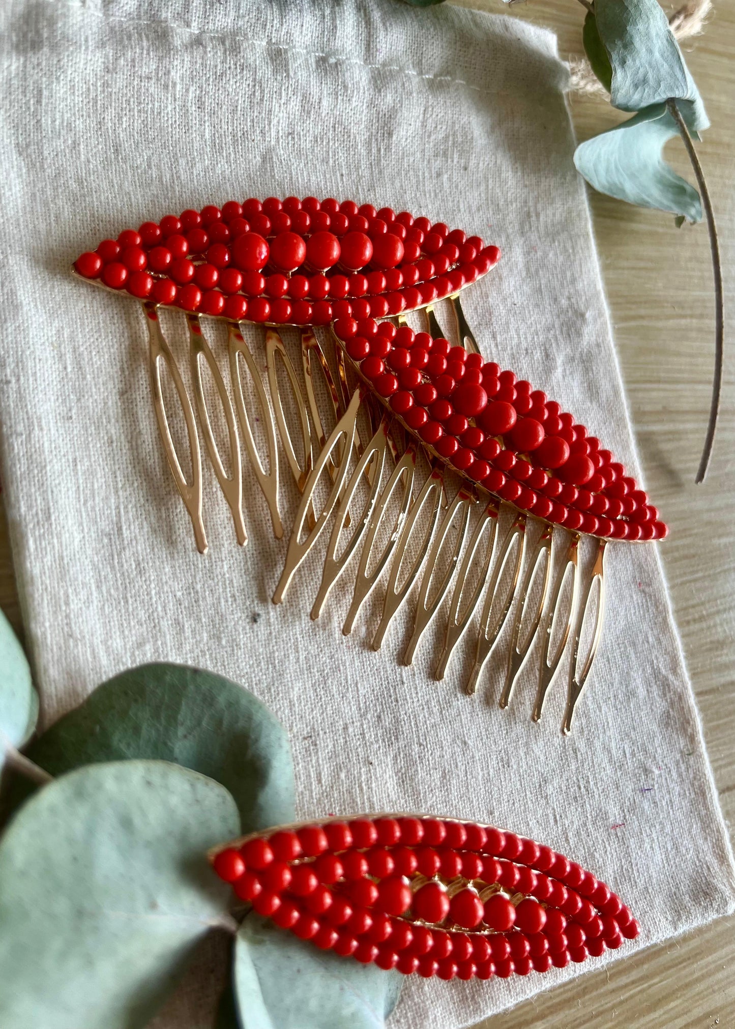 Pack peinecillos + broche bolitas coral